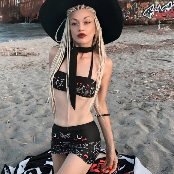 Too Fast ✦ Two-Headed Bat Skirted Bikini ✦ Retro Goth Swim Set w/ Pink Moons S - Picture 7 of 11